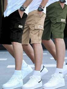 3件組青少年男款戶外休閒運動寬鬆多口袋印花工裝短褲，適合春、夏、秋季 - 彩色 - 查看 1