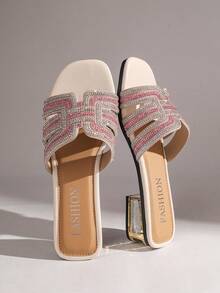 Women's Gold Foil Luxury Style Rhinestone Criss-Cross Strap Slide Sandals, Party Spring/Summer Square Toe Electroplated Low Heel Slip-On Open Toe Shiny Slip-On Slippers - Pink - View 3
