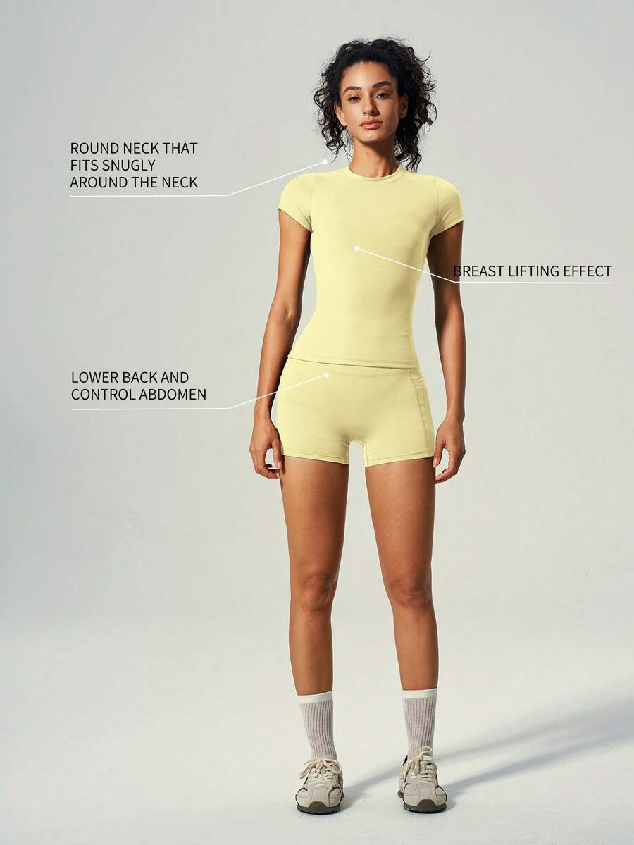 UONNOU Pocket Workout Set, Crew Neck Top & Peach Lifting Seamless Shorts Sports - Yellow - View 1