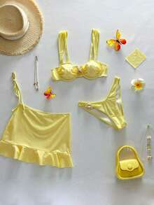 2026 Conjunto de traje de baño tipo tankini de 3 piezas de unicolor, con diseño de tirantes anchos y soporte con aros, estilo de playa de moda, perfecto para vacaciones en la playa y fiestas en la piscina durante el verano - Amarillo - Ver 2
