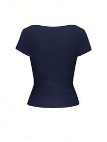 y sexy de punto para mujer Vaiaye, camiseta casual de cuello cuadrado de unicolor, blanco para primavera/verano - Azul marino 2 - Ver 4