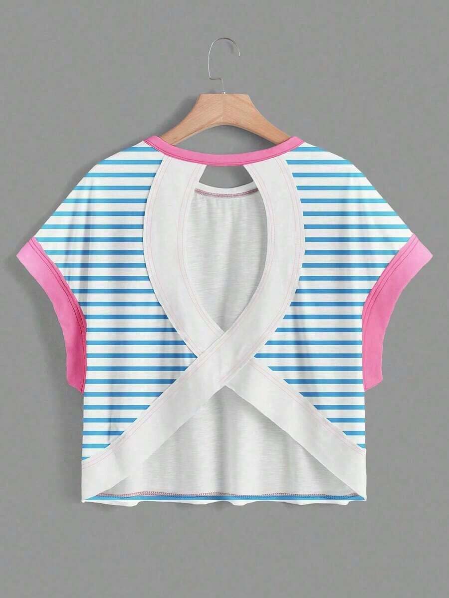 Cut Out Back Batwing Sleeve Tee IZ30 - 藍色2 - 查看 1