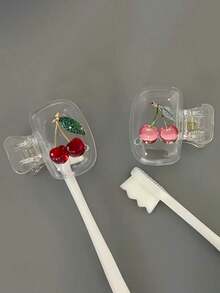 2 Pack Pink & Green Cherry Toothbrush Holder With Clear Lid, Portable Ventilated Drainage Toothbrush Cover Case, Cute Bathroom Storage For Home Dorm Travel - A - View 4