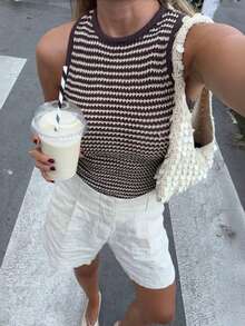 Women's Vintage Coin Pattern Contrast Color Striped Knit Sweater Vest, Summer - Brown - View 9
