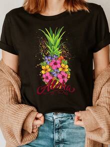 Camiseta de Mujer con Estampado de Piña y Hibisco Hawaiano - Blusa de Manga Corta con Cuello Redondo y Diseño de Flor de Hibisco y Piña, Blusa Semitransparente para Ropa de Playa, Conjuntos de Verano y Primavera, Ropa de Estilo Hawaiano Lavable a Máquina - Negro - Ver 11