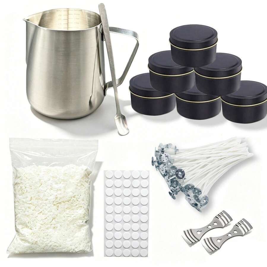 DIY蜡烛制作套装，包含蜡烛制作工具、大豆蜡、蜡烛罐、浇注壶、烛芯、烛芯贴纸、烛芯固定器，手工礼品，适合生日、毕业典礼、婚礼、万圣节、圣诞节、派对等场合。