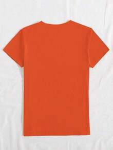 Camiseta cómoda de mujer con estampado de rayas y flores de margarita, cuello redondo, manga corta, minimalista y versátil para uso casual - Naranja 2 - Ver 2