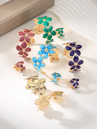 2pcs Fashionable Cute Romantic Gold Enamel Floral Alloy Bracelet And Ring Set, Jewelry For Women, Suitable For Vacation, Travel, Social Occasions, Dating And Daily Wear, Also Can Be Given As Gifts To Family And Friends
