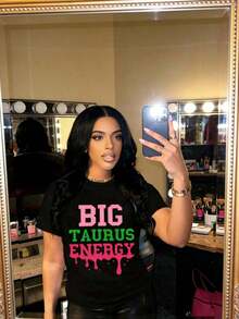 Camiseta Big Taurus Energy para Mujer, Camiseta con Gráfico del Signo Zodiacal, Estampado en Rosa y Verde Intenso, Top Casual de Moda - Negro - Ver 4