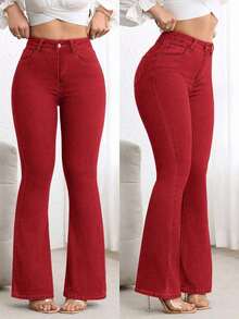 Jeans de talle alto con vuelo de unicolor simple para uso casual y de oficina de las mujeres - Azul 3 - Ver 8