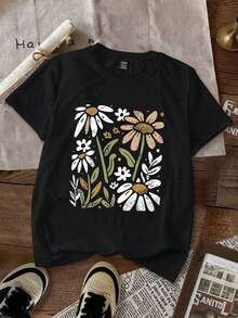 1 Pieza de Camiseta Casual de Moda para Hombres y Mujeres, con Estampado Floral, Corte Ajustado, Manga Corta, Camiseta Gráfica Versátil, fácil de combinar, adecuada para uso diario, estilo urbano, ropa de vacaciones, ropa de fin de semana. - Negro - Ver 3