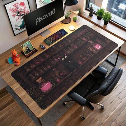 Tấm lót bàn hình cửa hàng thuốc ma thuật Pixel Art, tấm lót chuột hình mèo đen ma thuật, trang trí bàn làm việc thoải mái hình cửa hàng thuốc ma thuật, tấm lót bàn phong cách retro, quà tặng cho game thủ.