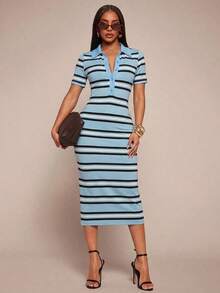 Vestido camisero de mujer de estilo casual, elegante y de negocios, con rayas negras y blancas.Vestido midi de punto elástico y ajustado.Vestido chic francés a rayas en blanco y negro.Vestido midi a rayas.Vestido midi ajustado a rayas.Vestido de verano de mujer con cuello a rayas. - Multicolor 3 - Ver 2