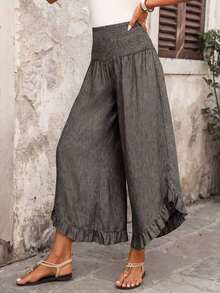 Pantalones anchos de cintura alta con volantes, estilo casual para vacaciones, aptos para primavera, verano y otoño - Marrón Mocha - Ver 3