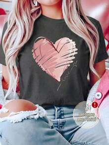 Women's Casual Short Sleeve T-Shirt With Round Neck And Pink Heart Print - 深灰色 - 查看 1