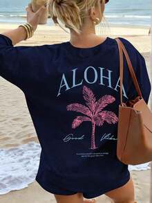 Camiseta de manga corta con cuello redondo y estampado de palmeras para mujer, estilo casual y moderno, tu prenda esencial diaria.Camiseta con Estampado, Tops para Mujer, Vacaciones de Verano - Azul marino 2 - Ver 12