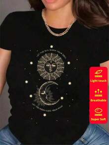 1 Pc Women's Short-Sleeved T-Shirt, Round Neck, 100% Cotton, Loose Fit, Casual And Versatile Style With Modern Print. 180g 100% Cotton - 6 - 查看 2