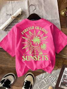 LUNE Women's T-Shirt, Casual Street Style Graphic Short Sleeve Tee, Cute Summer Top, Sunset Graphic Tee, Men's Graphic Tee, Summer T-Shirt, Sun Hoodie, Summer Sweatshirt, Summer Outfits For Women, Sweatshirts For Summer - 紫紅色 - 查看 3