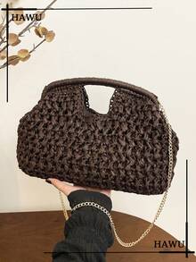 Starfish & Seashell Straw Clutch With Chain Strap | Summer Beach Vacation Essentials - Coffee - View 2