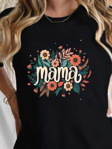 Camiseta de mujer 100% algodón para todas las estaciones - Top de cuello redondo con la llamativa inscripción "Mom" y un suave estampado floral geométrico, corte regular, lavable a máquina, adecuada para uso casual en todas las estaciones, el suave diseño floral es perfecto para atuendos cotidianos. - Negro - Ver 5