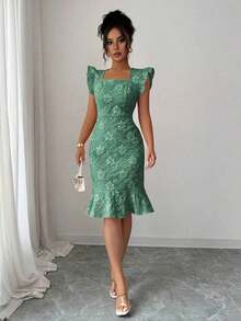 Vestido elegante de jacquard para ir al trabajo, verano - Verde Oscuro - Ver 3