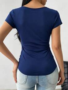 Blusa de punto de cuello en V profundo, manga corta, bajo asimétrico, longitud regular, para verano - Azul Marino - Ver 8