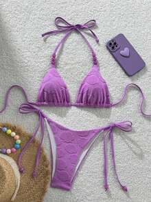 Costavie Swim Mod-D, Conjunto de Bikini Sexy de 2 Piezas con Lentejuelas Coloridas, Tela Especial, Sujetador de Copa Triangular y Braguitas con Lazos Laterales, Primavera/Verano - Morado - Ver 4