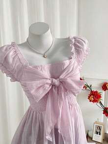 Blusa de gasa de manga corta con lazo dulce y sexy para señoras, de verano - Rosa - Ver 4