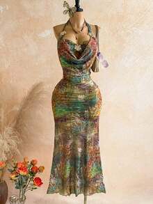 Vestido de playa sexy con estampado de leopardo, decoración de metal y espalda descubierta para mujer - Multicolor 2 - Ver 12