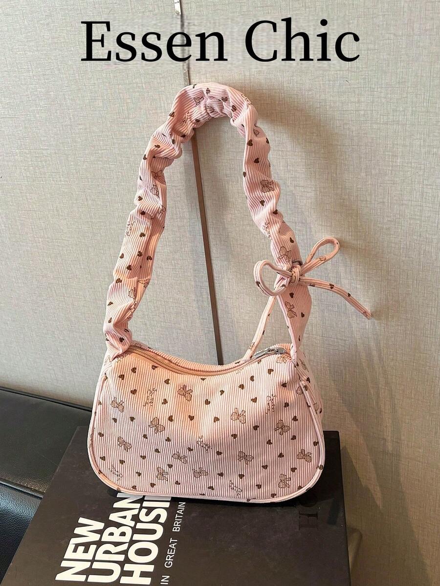 1 buah Tas Bahu Lipit Warna Pink dengan Dekorasi Motif Kartun, Tas Selempang Corduroy Terbaru untuk Wanita - Berwarna merah muda - View 1
