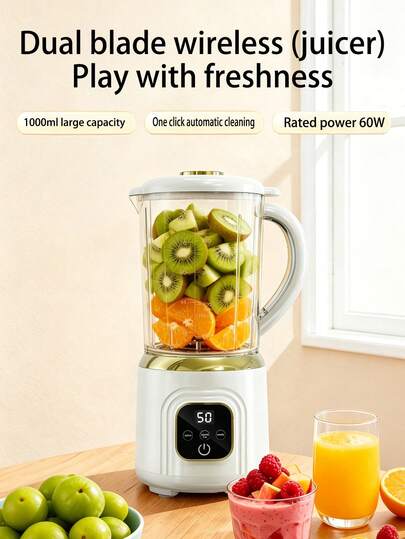 1pc New Dual-Blade Juicer, Wireless Electric High-Capacity Juice Blender, Portable Mixer, Fruit Smoothie Maker. Juice Separator, USB Rechargeable Blender Cup, Fresh Juice Extractor With Auto-Clean, Touch Control, Round, No Heating, For Juice, Fruit & Vegetable Drinks, Milkshakes, Lightweight, Silicone Handle, 3 Modes, 1000mL Large Capacity, 1500mAh Battery, Digital Display, 18+6 Blade, Home, Office, Travel, Kitchen Appliance