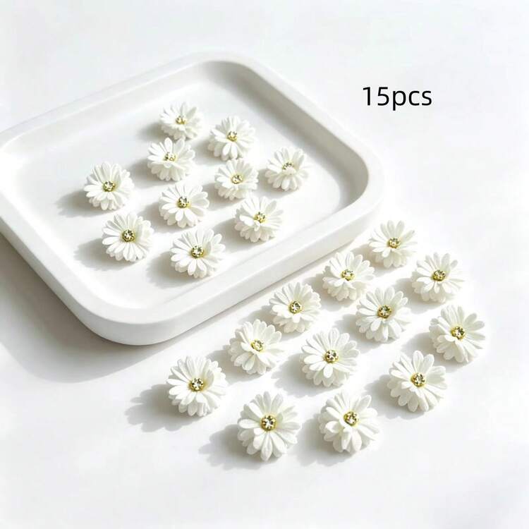 15pcs Fabric Flower Hair Clips Set, Bridal Headpiece, Solid Color Flower Hair Accessories With Rhinestone Center, Suitable For Women, Suitable For Party, Gathering, Daily Wear, Halloween Flower Decor, Hairpin - White - View 2