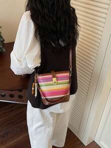 Retro Fashion Large Capacity Woven Tote Bag, Beach Vacation Straw Shoulder & Crossbody Bag - Multicolor - View 5