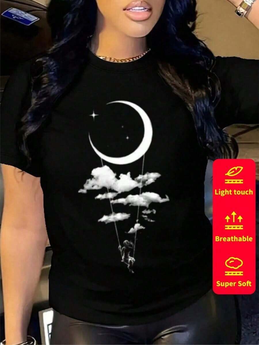 1 Pc Women's Short-Sleeved T-Shirt, Round Neck, 100% Cotton, Loose Fit, Casual And Versatile Style With Modern Print. 180g 100% Cotton - 5 - 查看 1