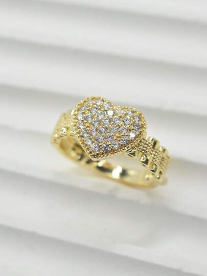 1 pieza Anillo con forma de corazón elegante y lujoso, incrustado con circonita sintética, adecuado para uso diario/fiesta/reunión de mujeres, regalo para novia/esposa/madre, regalo de San Valentín/Navidad, regalo de aniversario/cumpleaños para tu ser querido