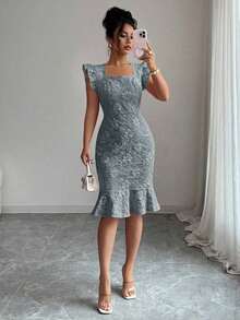Vestido elegante de jacquard de cuello cuadrado y manga corta para uso diario, verano - Gris azul - Ver 3