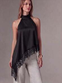 Top de tirantes negro para mujer, bajo asimétrico, diseño sin espalda, con ribete de encaje en contraste, longitud regular para verano - Negro - Ver 5