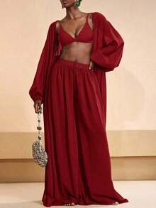 Conjunto de bata y pantalones de pierna ancha de unicolor para mujer, conjunto informal de cubrecuerpo para resort - Rojo - Ver 6