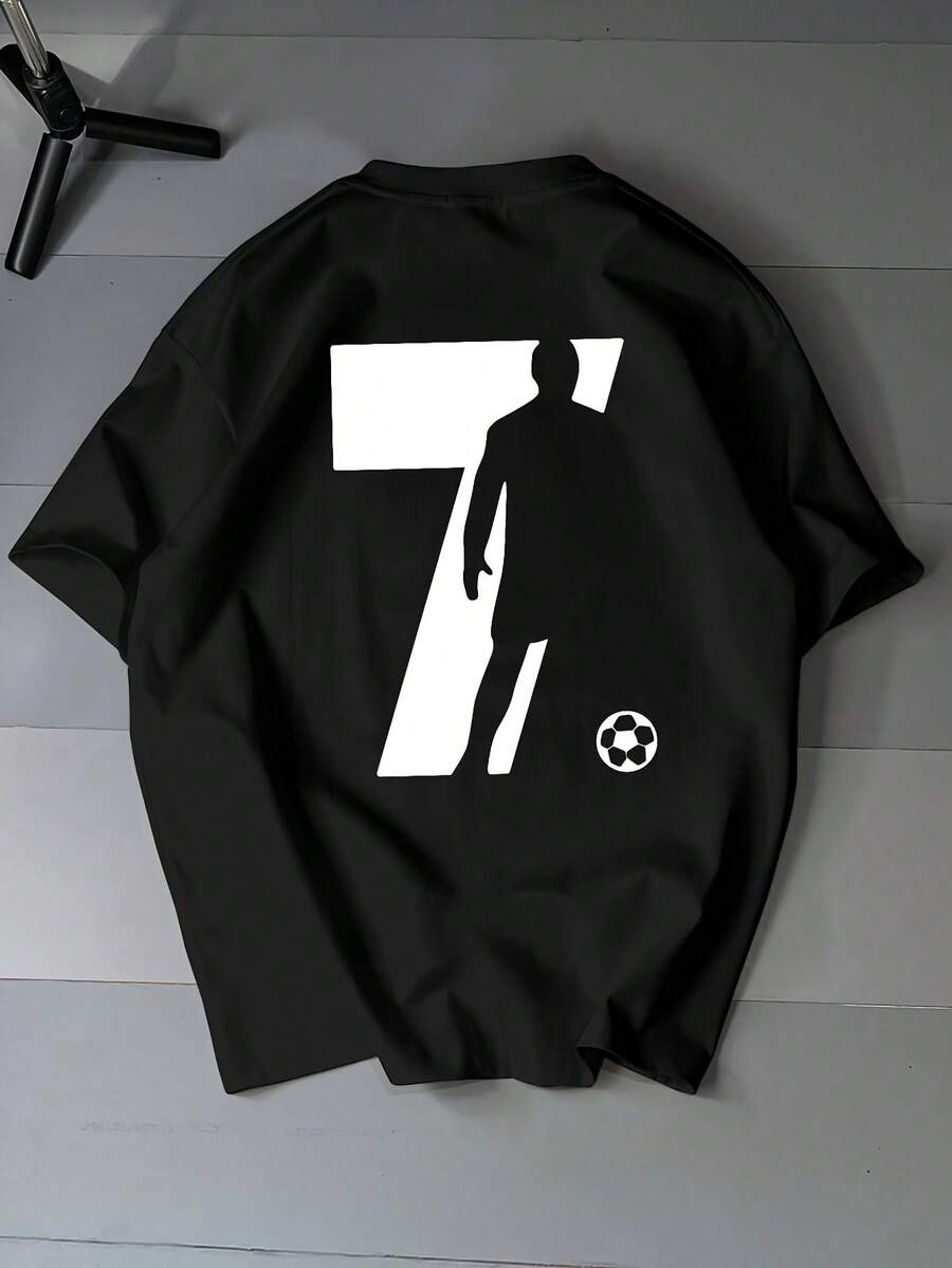 T-shirt Athletic Element à imprimé 7 chiffres, T-shirt tendance pour jeunes, respirant et confortable, T-shirt à col rond et épaules légèrement tombantes - Noir - Voir 1