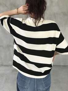 Camiseta holgada a rayas para mujer, cuello polo, manga corta, ropa casual de verano, ropa para la vuelta al cole. - Negro - Ver 3