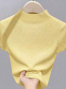 Suéter casual de mujer de cuello redondo y manga corta de unicolor - Amarillo - Ver 2
