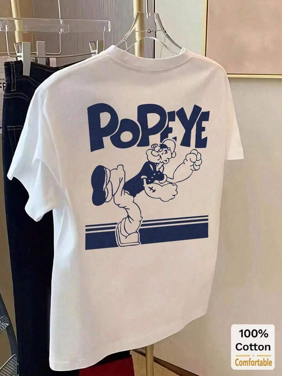 Women's Mid-Length Short-Sleeve T-Shirt With Cartoon Print, White Printed Tee. #3333 Casual Summer, 100% Cotton, Women's Blouses, Women's Cotton T-Shirts - 白色 - 查看 1