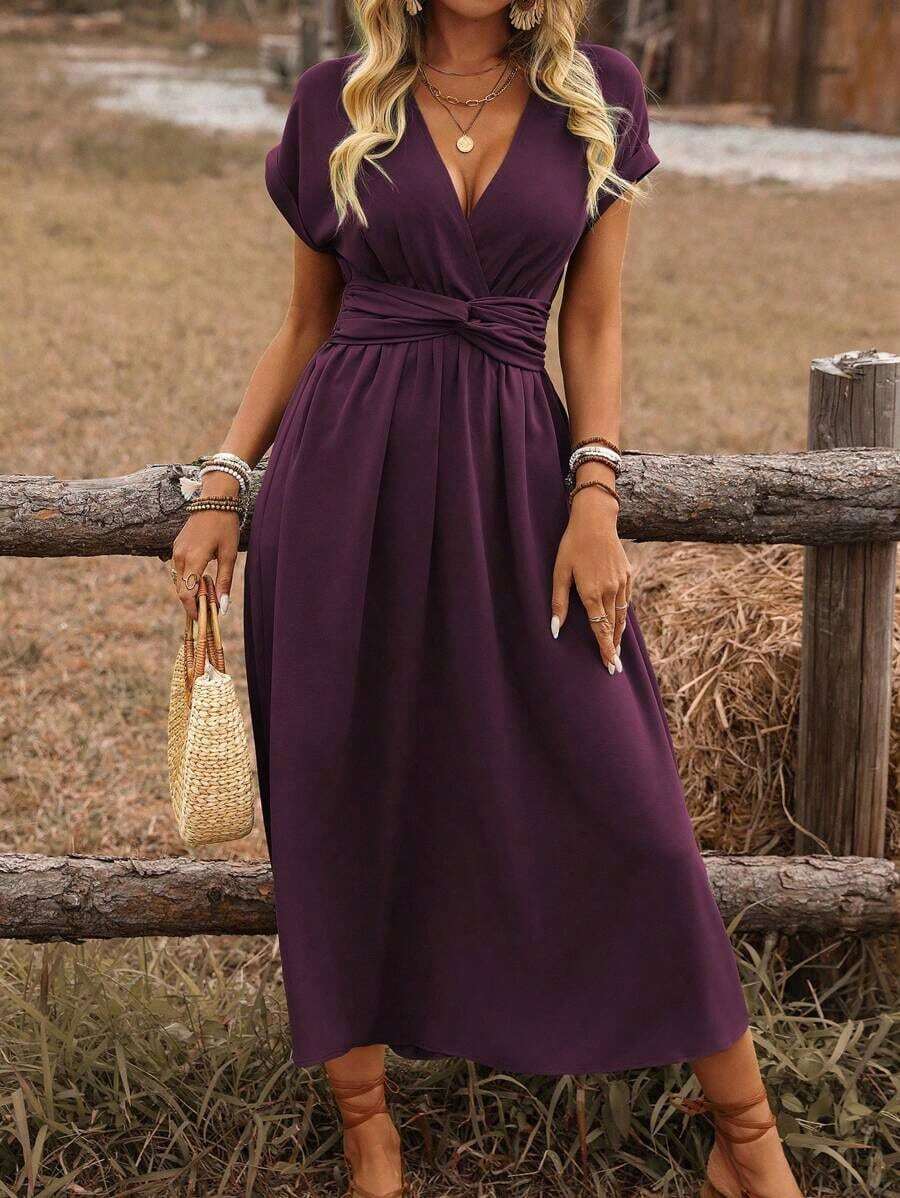 Vestido midi de manga abullonada con escote cruzado, cintura fruncida y espalda retorcida en estilo bohemio occidental casual para primavera/verano de mujer - Granada - Ver 1