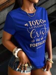 Camiseta de manga corta con cuello redondo y estampado de eslogan dorado para mujer, estilo streetwear, 100% algodón. - Azul - Ver 4