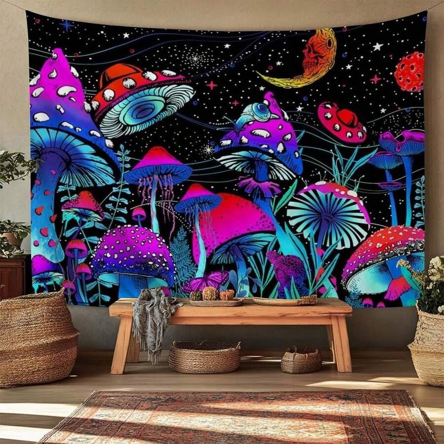 1pc Gradient Mushroom Tapestry Starry Sky Wall Hanging Moon And Butterfly Design Colorful Mystical Wall Decor For Bedroom Living Room Hippie Boho Black Background Tapestry - K - View 1