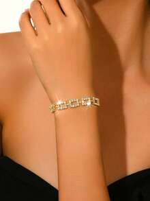 1pc Rhinestone Chain Bracelet, Women's Geometric Square Link Chain Bracelet Fashion Jewelry, Suitable For Bride, Party, Anniversary, Perfect Birthday Gift - Gold - View 4