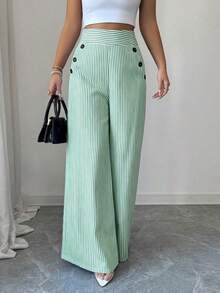 Nuevos pantalones de estilo coreano de primavera/verano, minimalistas y elegantes, de lino a rayas azul y blanco, de cintura alta, estilizadores, de pierna recta y sueltos, informales para mujer - Verde - Ver 5