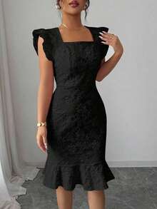 Vestido elegante de jacquard de cuello cuadrado y manga corta para uso diario, verano - Negro - Ver 5