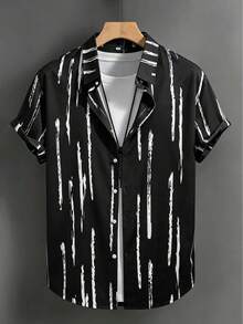 Men's Casual Short Sleeve Striped Shirt, Blue & Yellow, Summer - Black - View 2