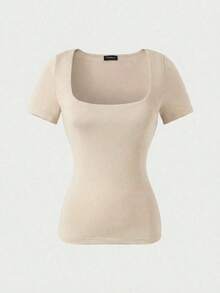 Blusa de manga corta y cuello redondo casual y elegante, adecuada para uso diario, ir al trabajo y salir, primavera/verano - Albaricoque - Ver 6